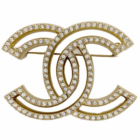 Broche CHANEL Double C strass et métal doré