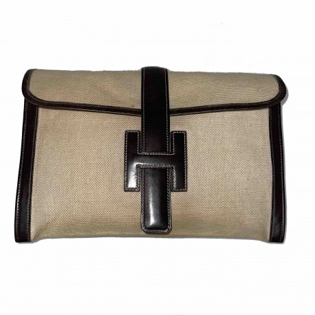 Pochette Jige HERMES toile cuir marron Vintage