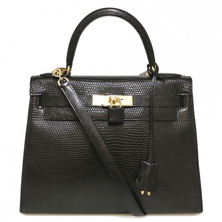 Sac à main Kelly 32 HERMES lezard Varan du Nil noir