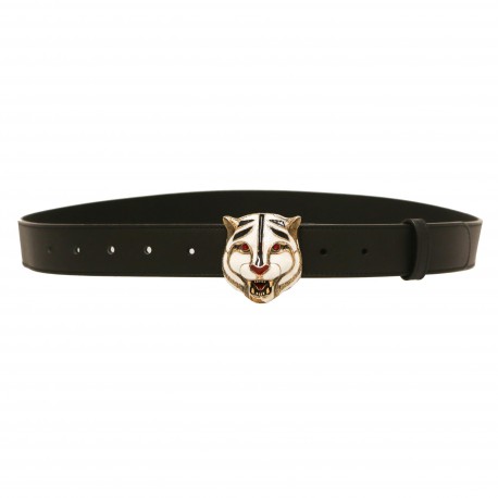 Ceinture GUCCI T95 en cuir noir et tête de tigre