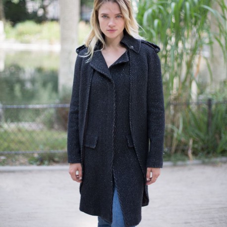 Manteau CHANEL T36 laine noire et fils d'argent